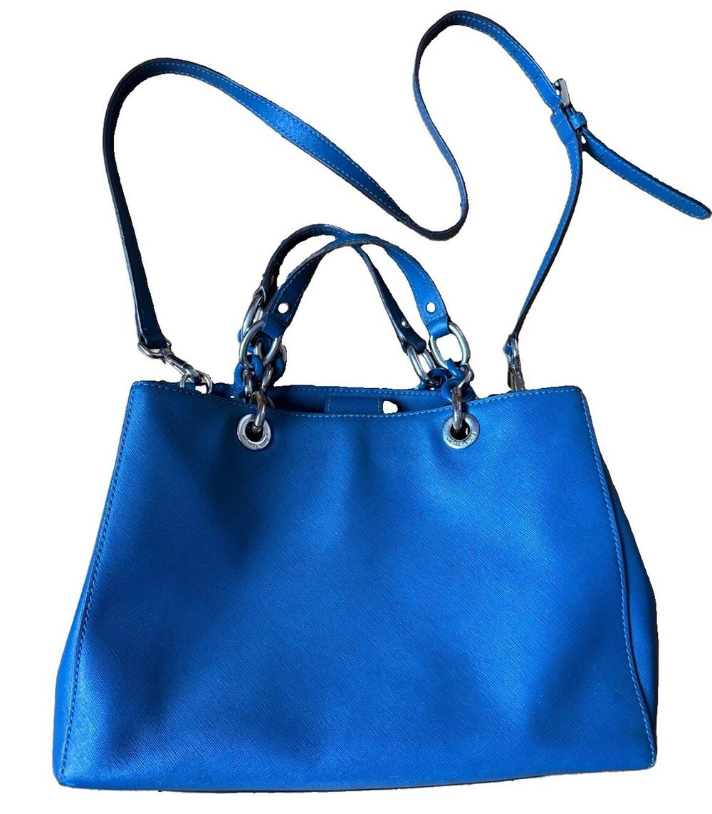Michael Kors Blue Saffiano Leather Satchel Shoulder Bag Silver Enamel Chain Y2K